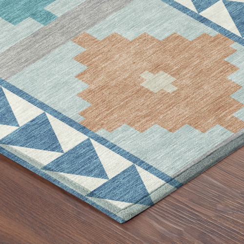 10' X 14' Teal Blue And Ivory Southwestern Washable Indoor Outdoor Area Rug