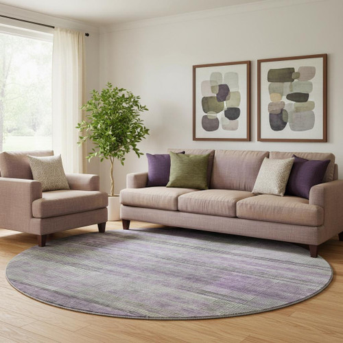 8' Purple And Gray Striped Washable Round Rug With UV Protection