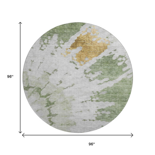 8' Artichoke Green Gold And Ivory Abstract Washable Round Rug With UV Protection
