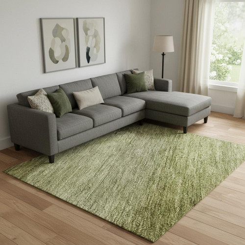 9' X 12' Artichoke Green And Fern Green Striped Washable Area Rug With UV Protection