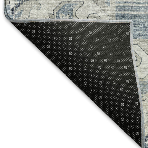 5' X 8' Blue Ivory And Gray Floral Medallion Distressed Washable Area Rug With UV Protection