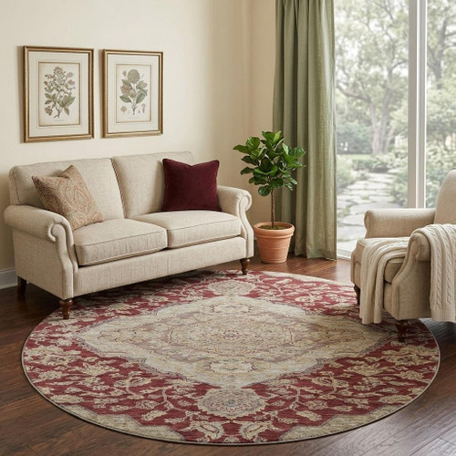 8' Burgundy Beige And Gray Floral Medallion Washable Round Rug With UV Protection