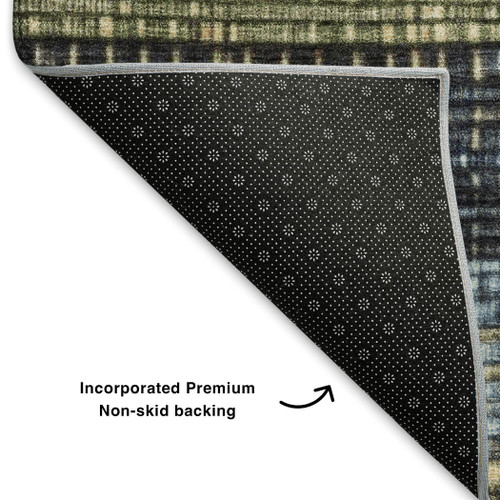 9' X 12' Blue Brown And Green Striped Washable Area Rug With UV Protection