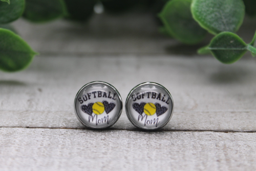 Softball Mom Leopard Hearts  Glass Stud Earrings