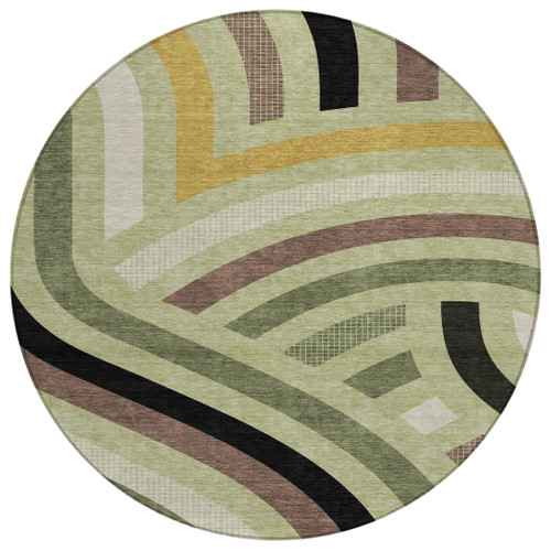 8' Green And Olive Green Round Abstract Washable Indoor Outdoor Area Rug