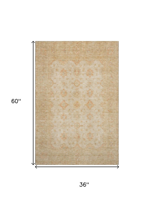 3' X 5' Beige And Copper Oriental Washable Area Rug With UV Protection