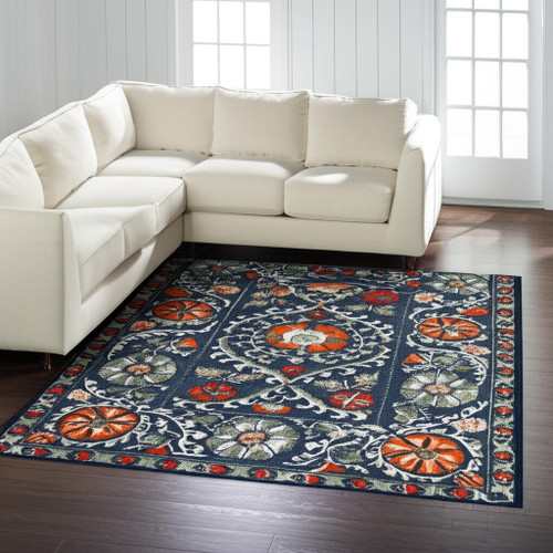 8' X 11' Blue Orange And Gray Tribal Washable Area Rug With UV Protection