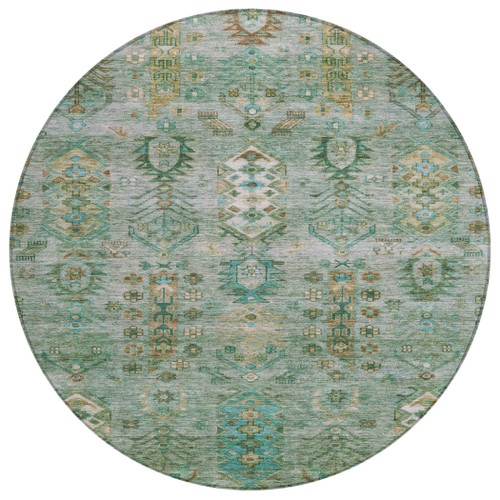 8' Sage And Gold Round Tribal Washable Indoor Outdoor Area Rug