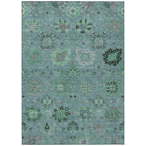 3' X 5' Teal Blue And Gray Damask Washable Indoor Outdoor Area Rug