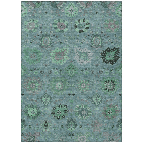 3' X 5' Teal Blue And Gray Damask Washable Indoor Outdoor Area Rug