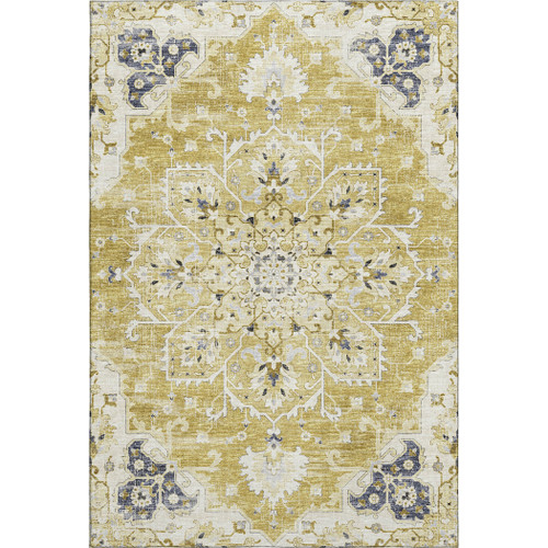 5' X 8' Gold Ivory And Blue Floral Medallion Distressed Washable Area Rug With UV Protection