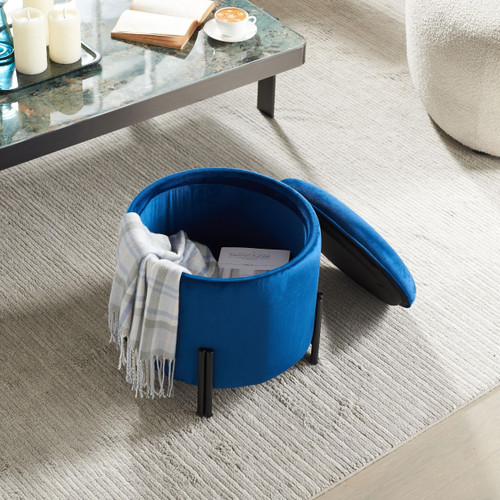 17" Blue Velvet And Black Round Storage Ottoman