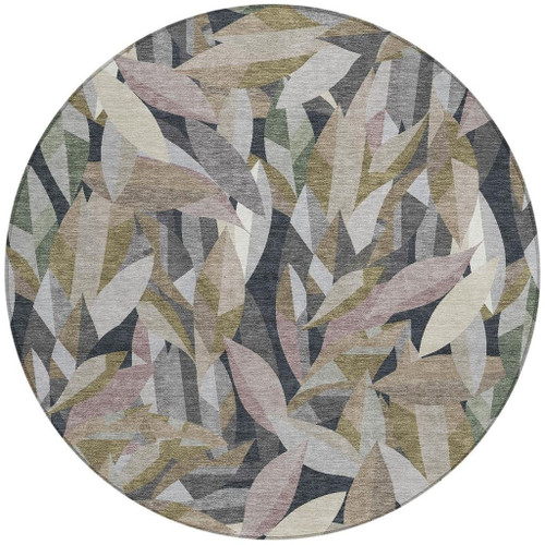 8' Khaki And Brown Round Floral Washable Indoor Outdoor Area Rug