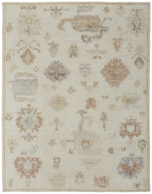 8' X 12' Ivory Tan and Gray Wool Floral Hand Knotted Area Rug