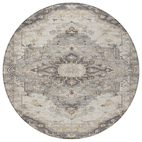 8' Silver And Gray Round Floral Medallion Washable Indoor Outdoor Area Rug