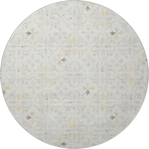 8' Ivory And Beige Floral Washable Round Rug With UV Protection