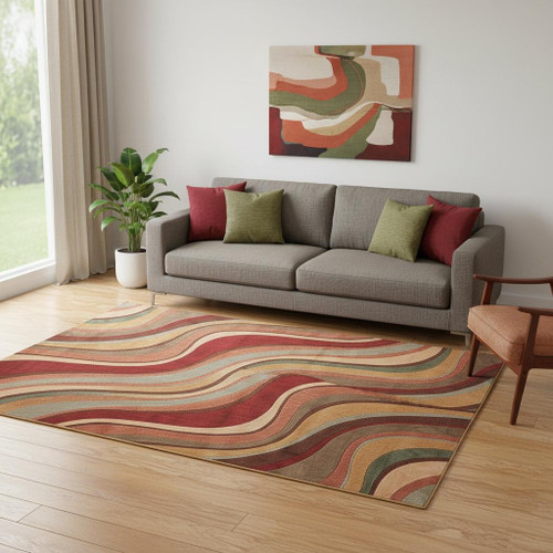 5' X 7' Ivory Tan And Red Striped Non Skid Area Rug