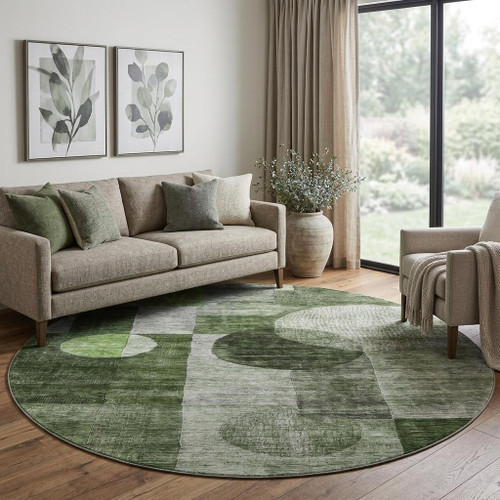 8' Fern Green Gray And Silver Geometric Washable Round Rug With UV Protection