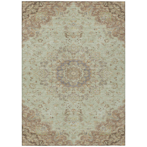 9' X 12' Sage And Brown Floral Medallion Washable Indoor Outdoor Area Rug