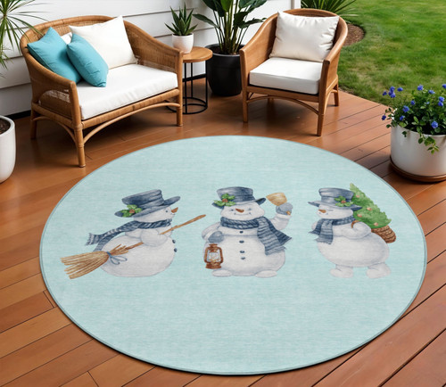 8' Sky Blue Denim Blue And Ivory Round Snowmen Washable Indoor Outdoor Area Rug