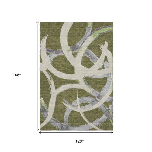 10' X 14' Olive Green Gray And Beige Abstract Washable Area Rug With UV Protection