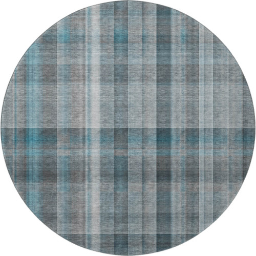 8' Teal And Ivory Plaid Washable Round Rug With UV Protection