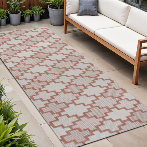 8' Salmon And Cream Trellis Indoor Outdoor Runner Rug