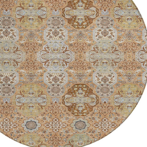 8' Copper And Orange Round Floral Washable Indoor Outdoor Area Rug