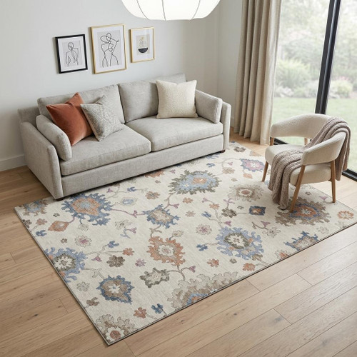 5' X 8' Ivory Blue And Coral Floral Washable Area Rug With UV Protection