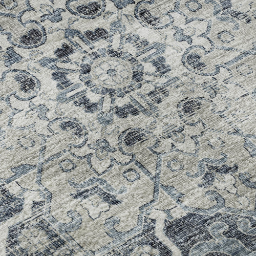 9' X 12' Blue Ivory And Gray Floral Medallion Distressed Washable Area Rug With UV Protection