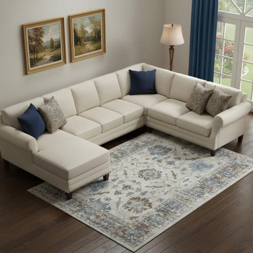 9' X 12' Beige Blue And Brown Oriental Washable Area Rug With UV Protection