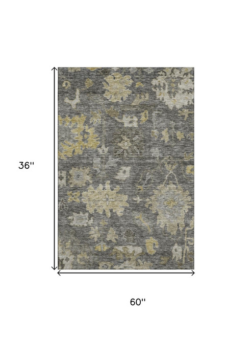 3' X 5' Gray Gold And Beige Floral Washable Area Rug With UV Protection