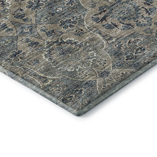 10' X 14' Denim Blue And Gray Floral Medallion Distressed Washable Area Rug With UV Protection