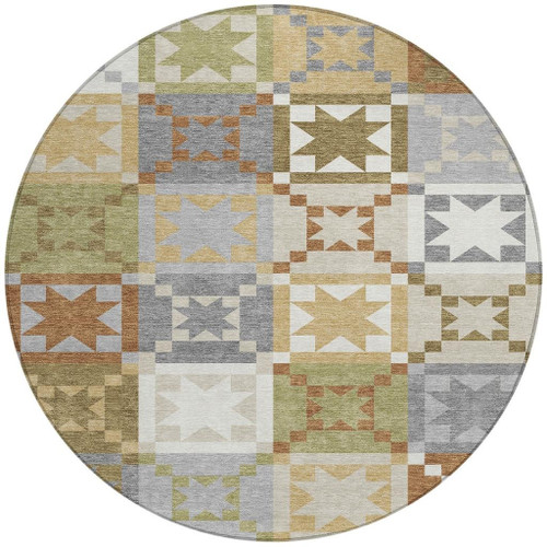 8' Gray And Green Round Patchwork Washable Indoor Outdoor Area Rug