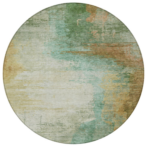 8' Artichoke Green Brown And Beige Round Abstract Washable Indoor Outdoor Area Rug