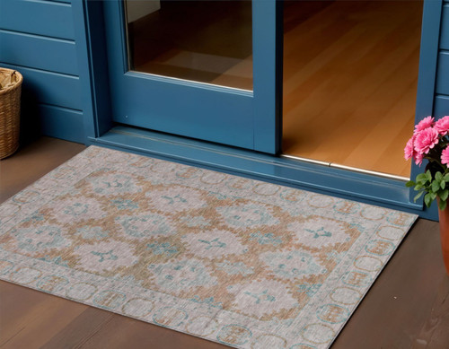 3' X 5' Terra Cotta And Teal Blue Damask Washable Indoor Outdoor Area Rug