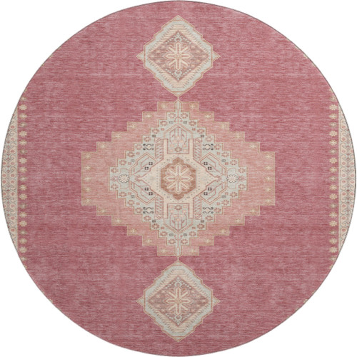 8' Blush Gray And Pink Oriental Washable Round Rug With UV Protection