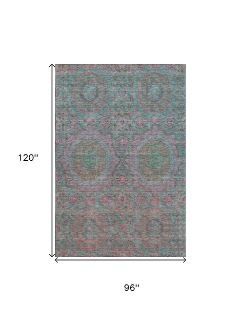8' X 10' Teal And Blush Medallion Washable Area Rug With UV Protection