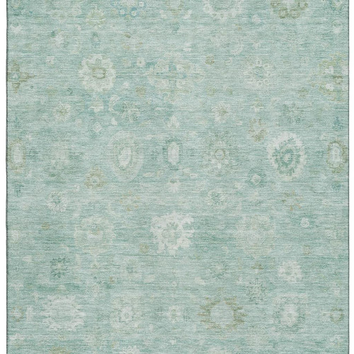 10' X 14' Teal And Ivory Damask Washable Area Rug With UV Protection