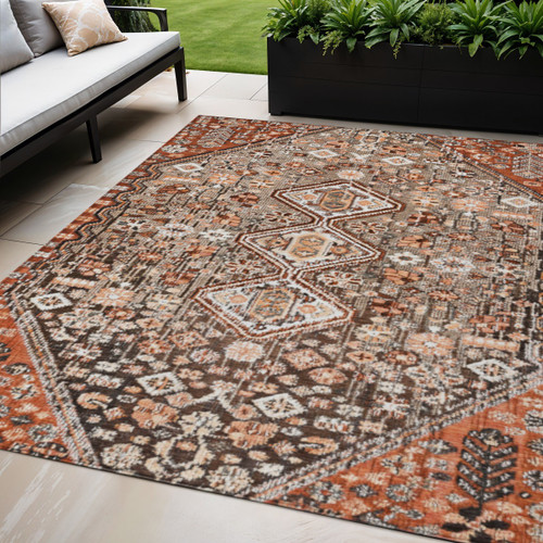 5' X 8' Brown And Ivory Aztec Washable Indoor Outdoor Area Rug
