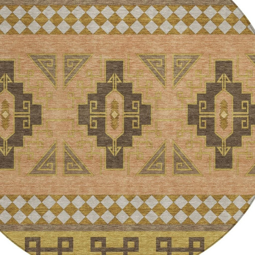 8' Chocolate And Olive Green Round Tribal Washable Indoor Outdoor Area Rug