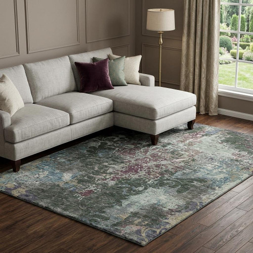 10' X 14' Fern Green Purple And Teal Damask Washable Area Rug With UV Protection