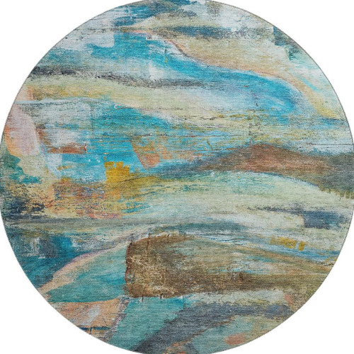 8' Teal And Beige Abstract Washable Round Rug With UV Protection