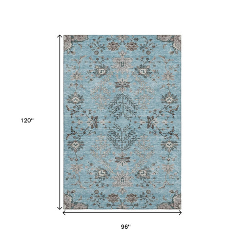 8' X 10' Sky Blue Beige And Gray Floral Washable Area Rug With UV Protection