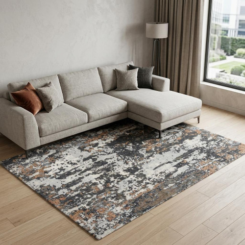 8' X 10' Gray And Rust Abstract Hand Carved Handmade Area Rug
