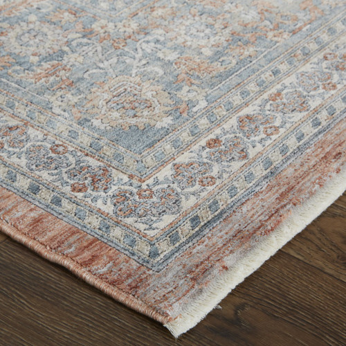 12' Blue and Red Oriental Power Loom Worn Faded Runner Rug With Fringe