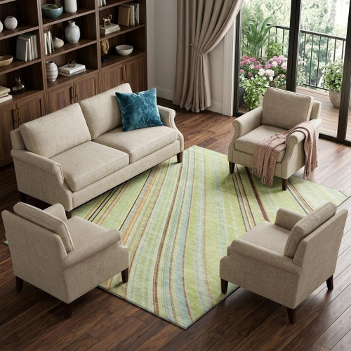 10' X 14' Artichoke Green Brown And Beige Striped Washable Area Rug With UV Protection