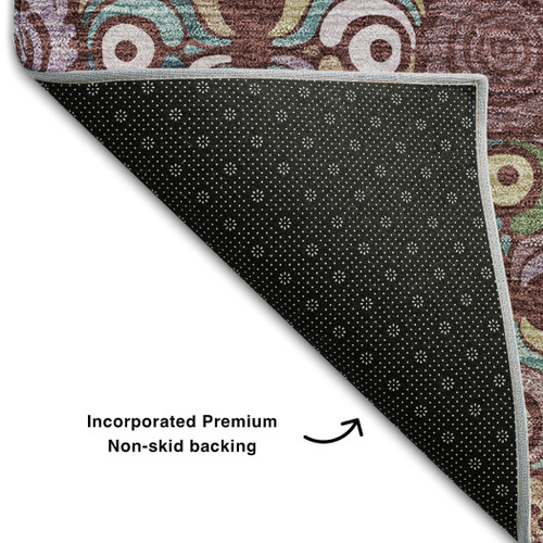 9' X 12' Rust Purple And Teal Medallion Washable Area Rug With UV Protection