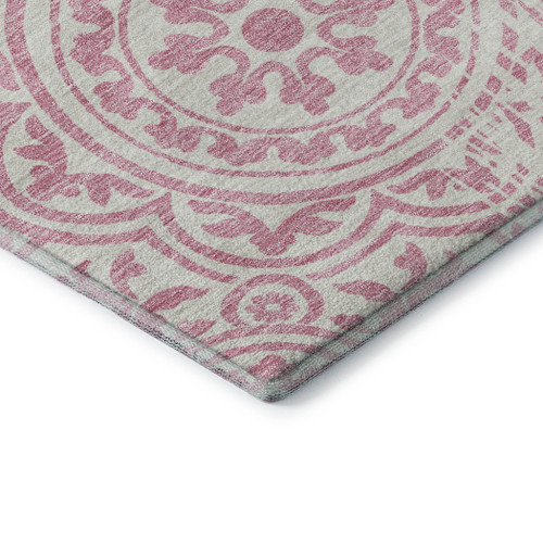 8' Pink And Ivory Medallion Washable Round Rug With UV Protection