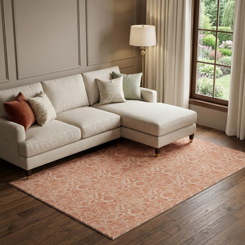 9' X 12' Salmon And Ivory Floral Washable Area Rug With UV Protection